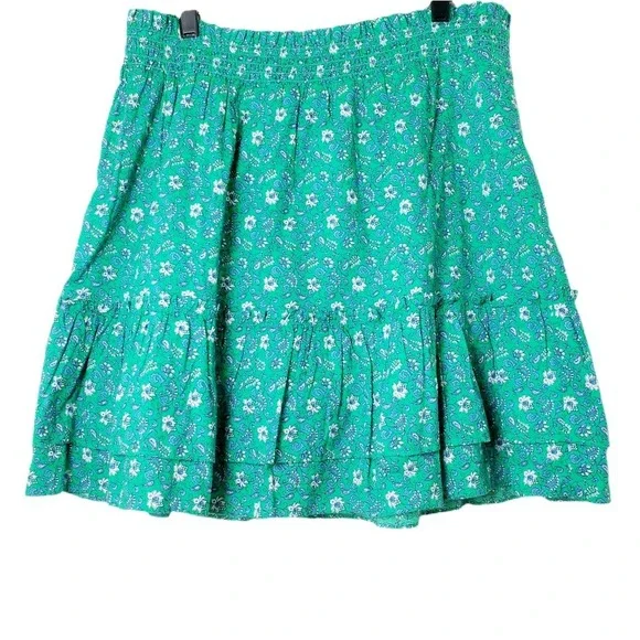J. Crew NWT Green Floral Paisley Cotton Smocked Tiered Mini Skirt Size Large - Picture 2 of 13